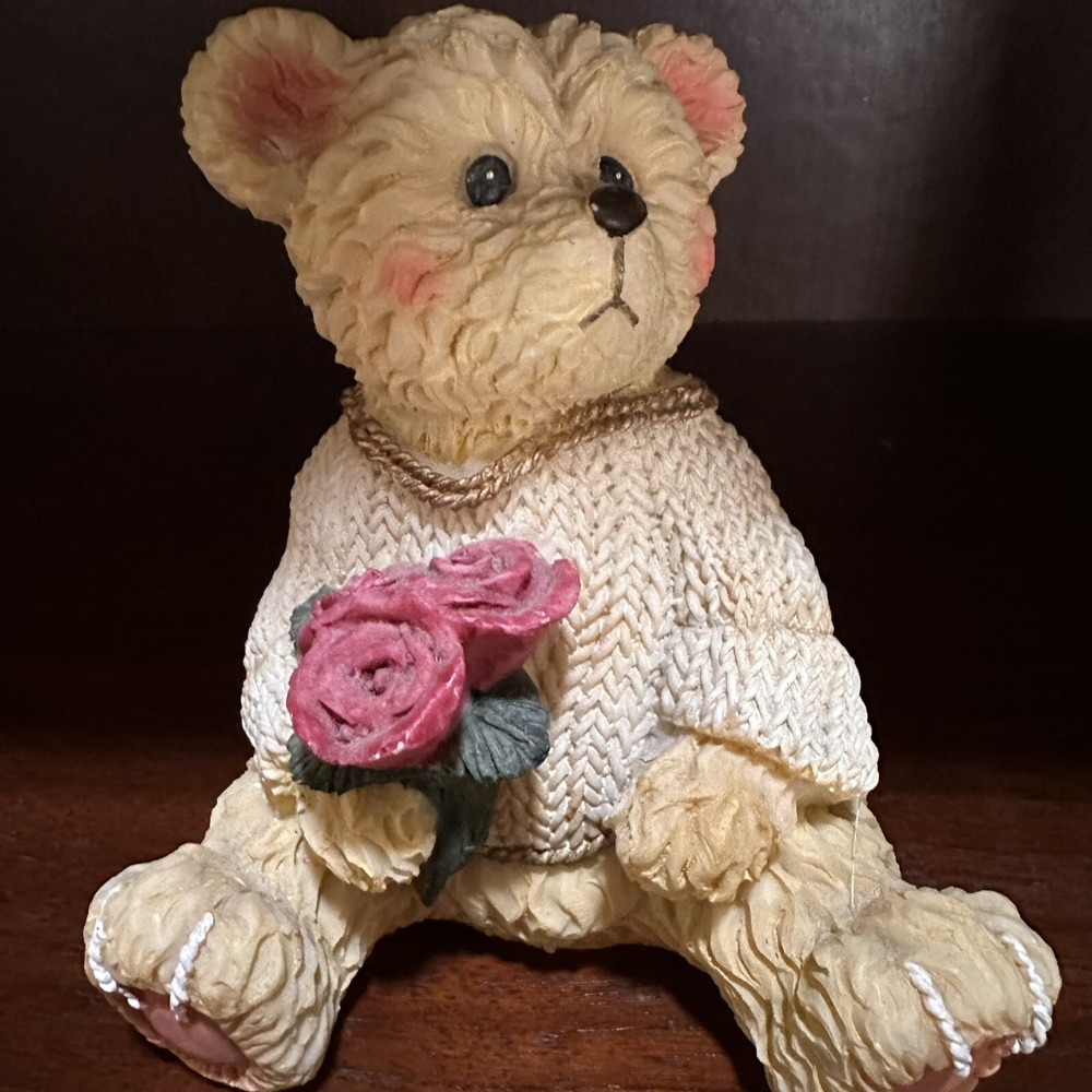 Teddy Bear Figurine Resin Cream White Sweater Pink Roses 5" Home Decor